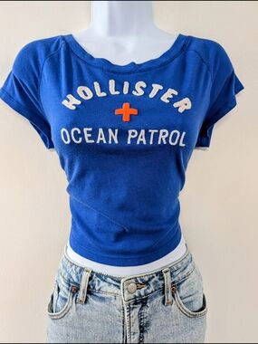 Hollister Y2K Blue "Ocean Patrol" Cropped Tee